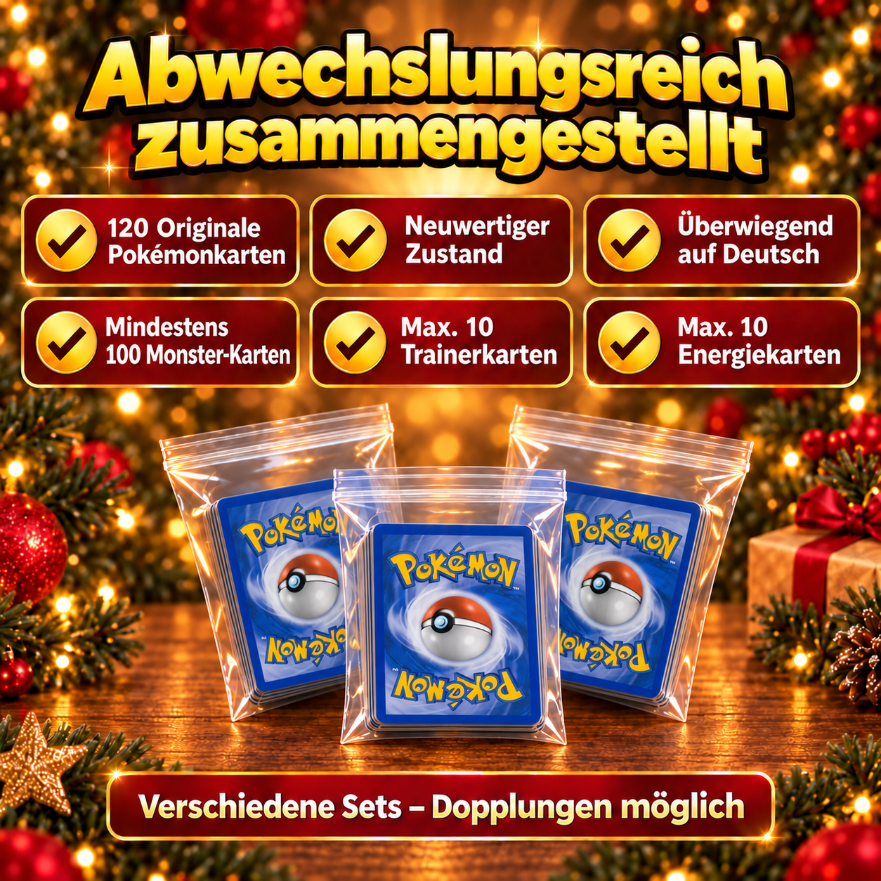 Pokémon Adventskalender-Füllung – 120 Original Pokemon Karten – 24x5 Karten mit Holo/Reverse-Holo - inkl. Poketon Visitenkarte