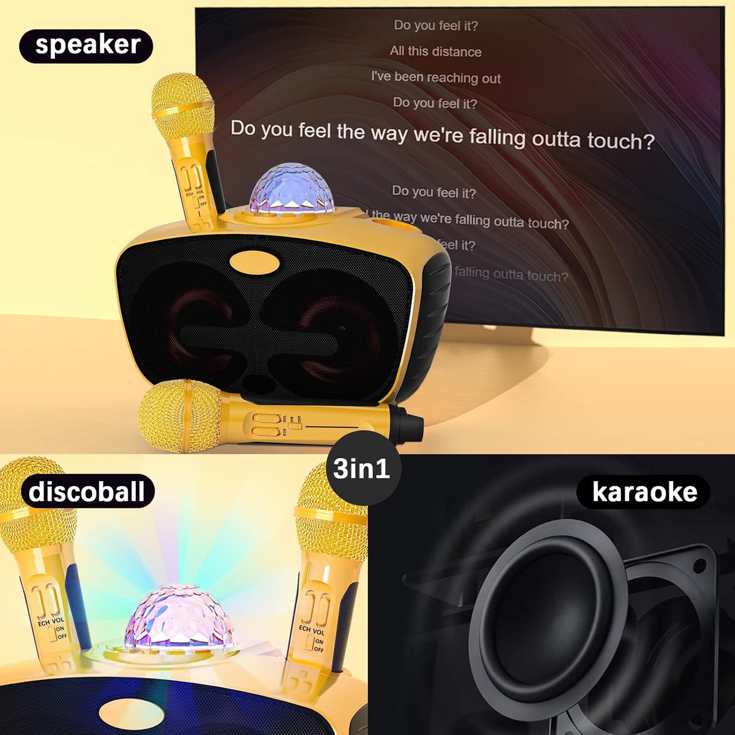 RUBEHOOW Karaoke Maschine mit 2 drahtlosen Mikrofonen und buntem Disco Lichteffekt