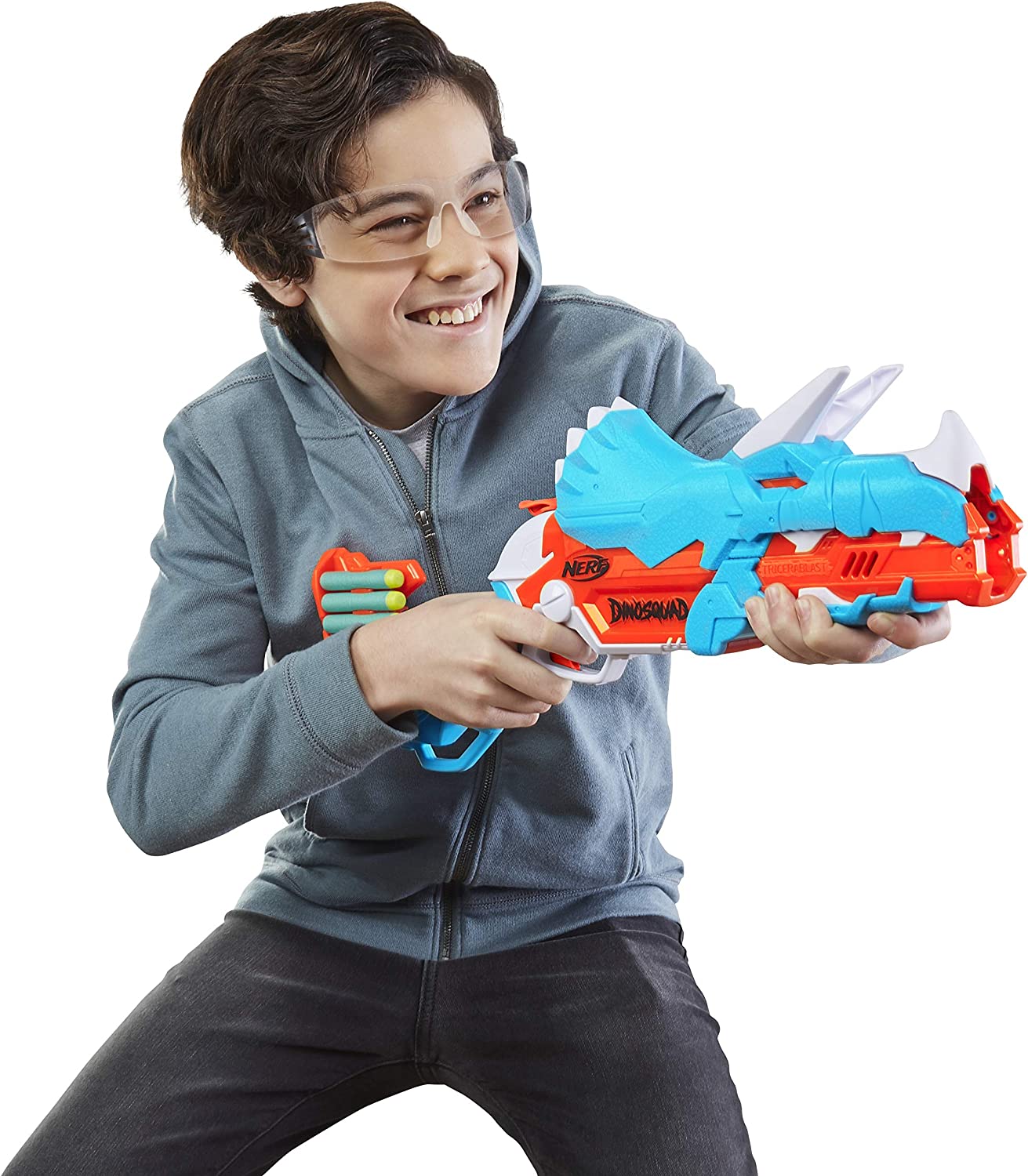 NERF DinoSquad Tricera-Blast Blaster, aufklappbarer 3-Dart Lauf, 12 Nerf Darts Triceratops
