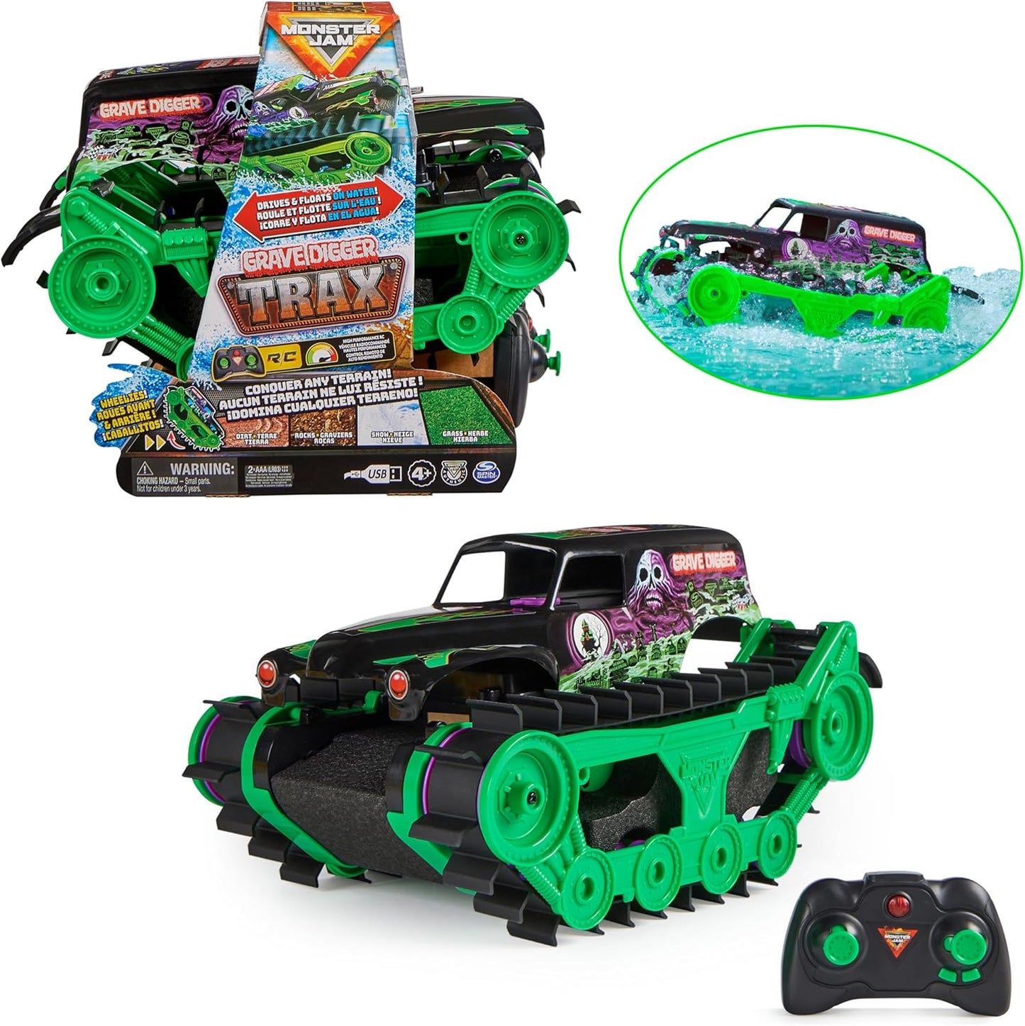 Monster Jam Grave Digger Trax RC Monster Truck für Land & Wasser Spielzeug Kinder