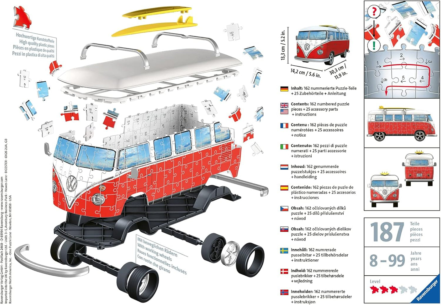 Ravensburger 3D Puzzle 12516 - Volkswagen T1 rot weiß Surfer Edition - 162 Teile - NEU