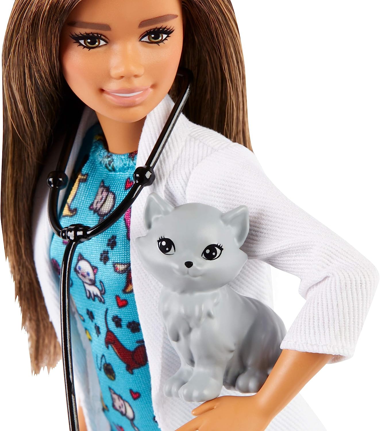 Barbie GJL63 - Brünette Barbie Tierärztin Puppe mit Arztkittel, Kleid und Kätzchen