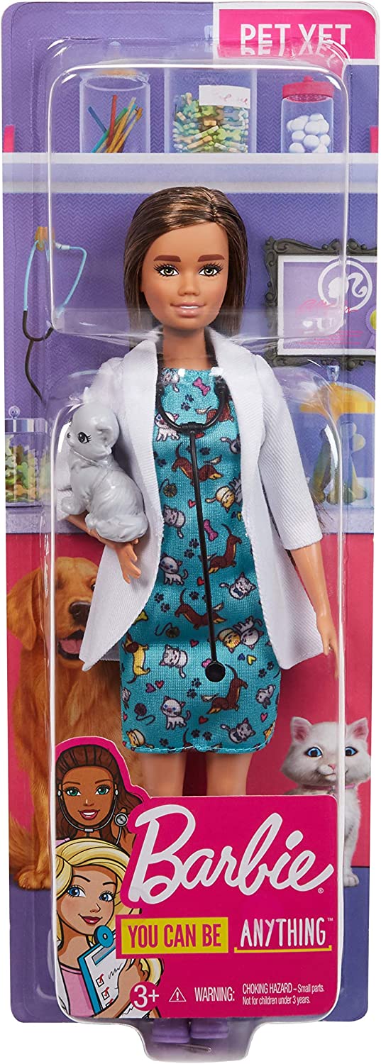 Barbie GJL63 - Brünette Barbie Tierärztin Puppe mit Arztkittel, Kleid und Kätzchen