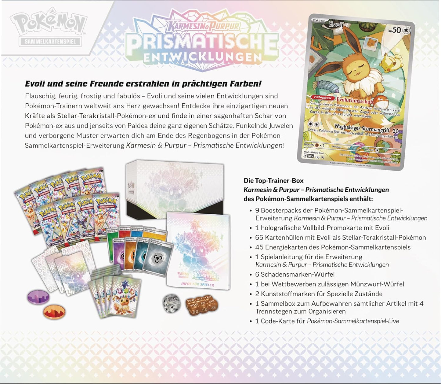 Pokemon prismatische Entwicklungen Top Trainer Box ETB (9 Booster & Evoli Promo) DE