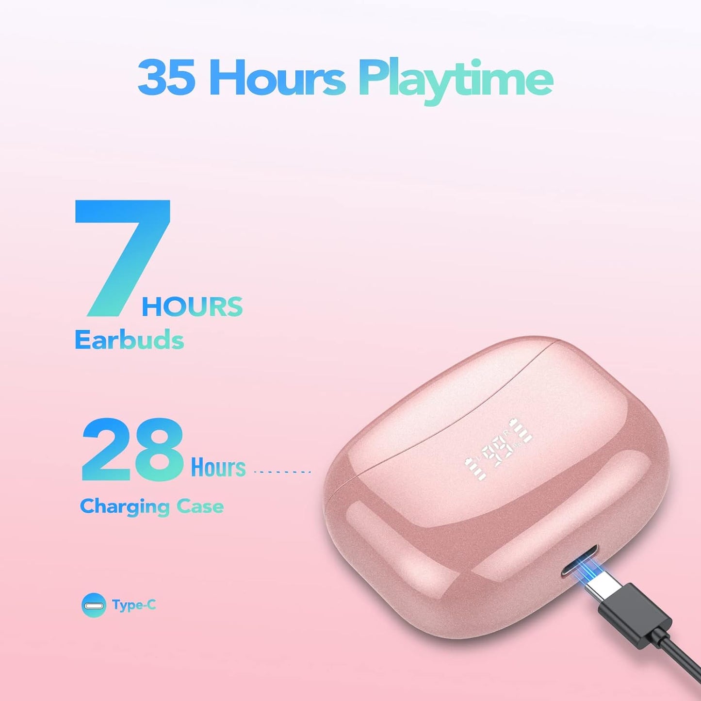 Ajblg Bluetooth Kopfhörer rosa In Ear Kabellos 35St Spielzeit IPX7 Wasserdicht LED Anzeige