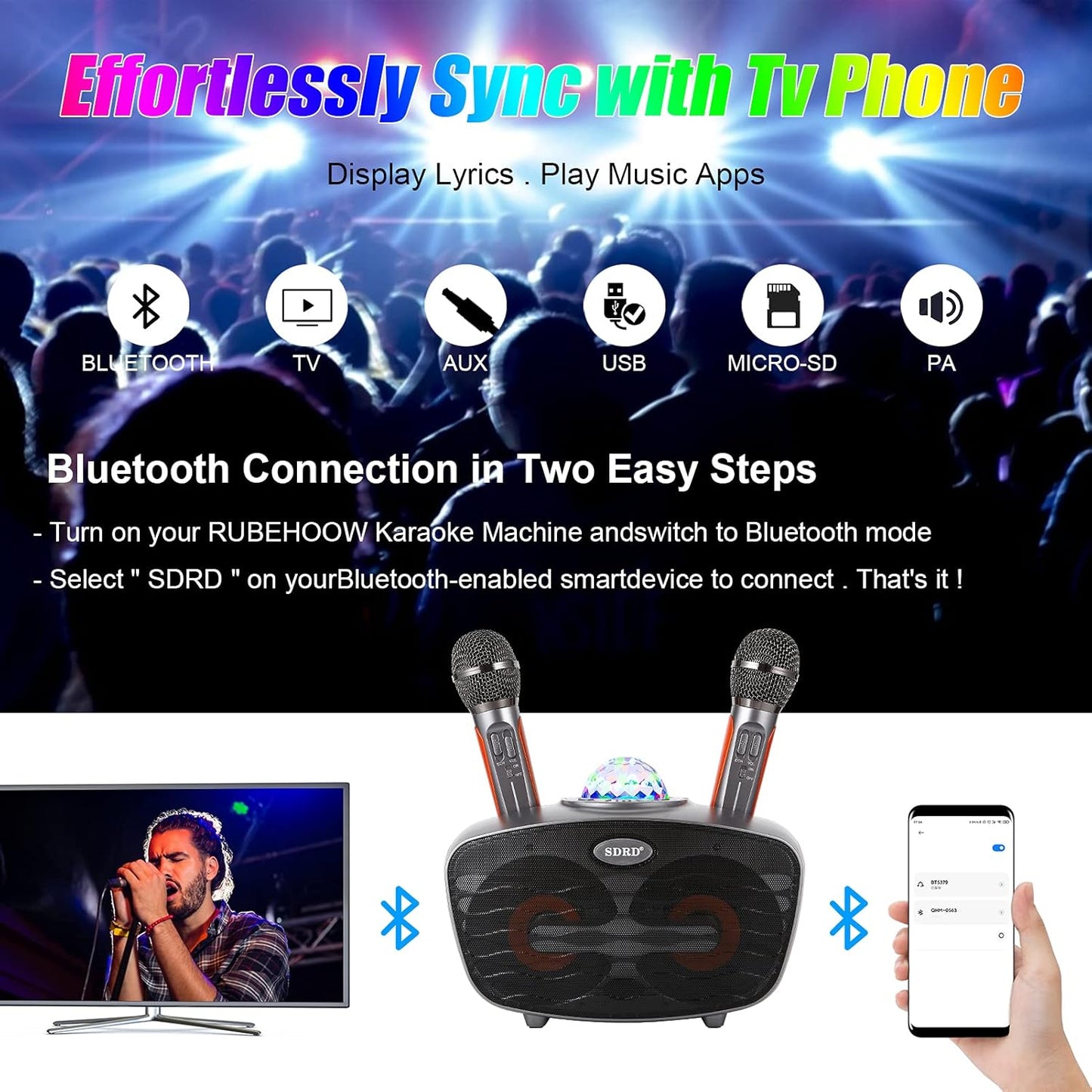 RUBEHOOW Karaoke Maschine mit 2 drahtlosen Mikrofonen und buntem Disco Lichteffekt