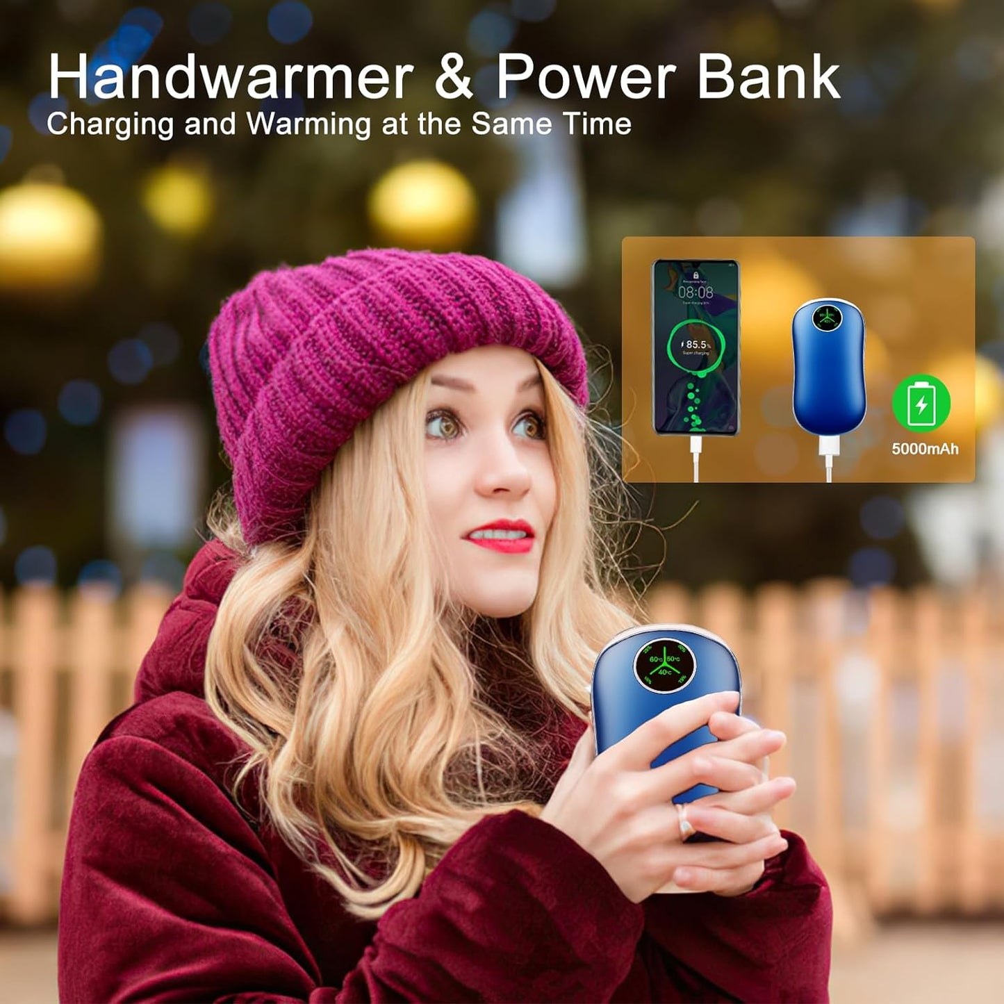 Handwärmer (2Stück) blau Akku Taschenwärmer PowerBank mit Digitalanzeige 3 Heizstufen