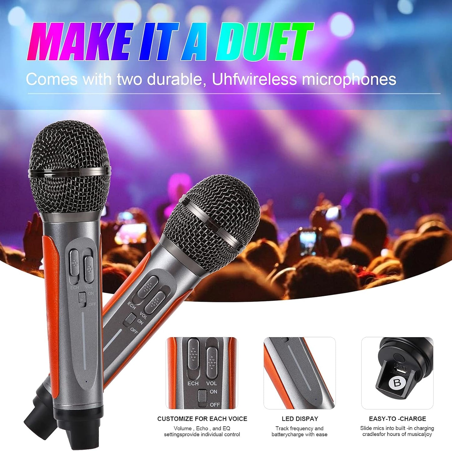 RUBEHOOW Karaoke Maschine mit 2 drahtlosen Mikrofonen und buntem Disco Lichteffekt
