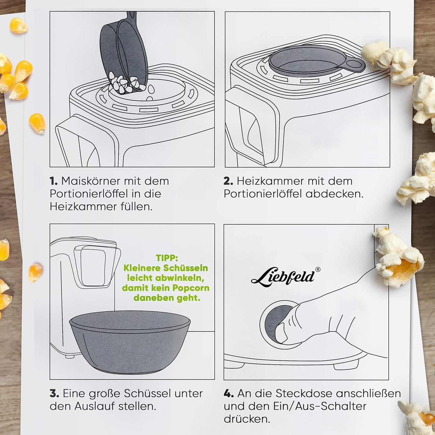 Liebfeld Popcornmaschine - Heißluft Popcorn Maker ohne Fett & Öl - Retro Küchen Gadget