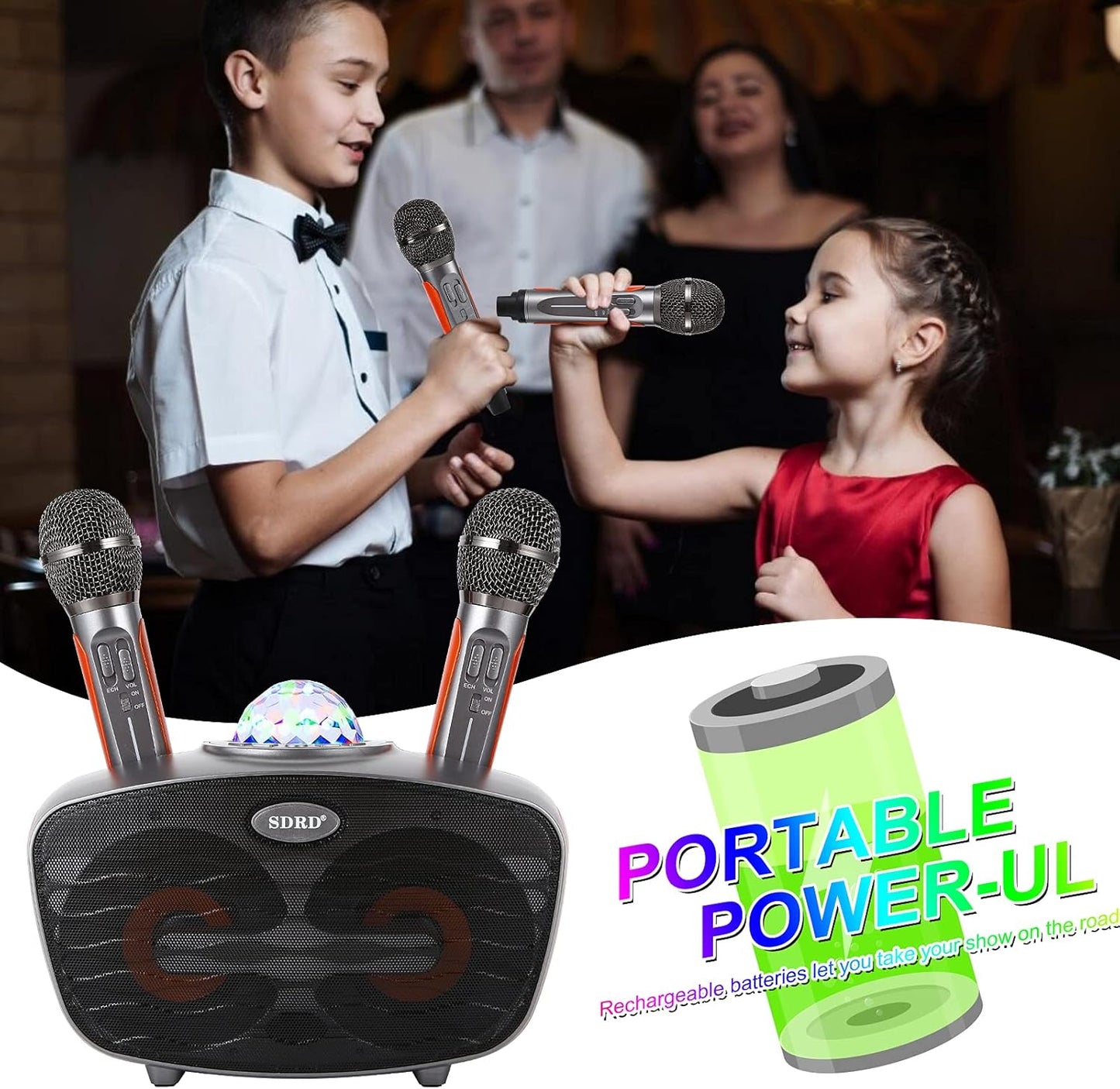 RUBEHOOW Karaoke Maschine mit 2 drahtlosen Mikrofonen und buntem Disco Lichteffekt