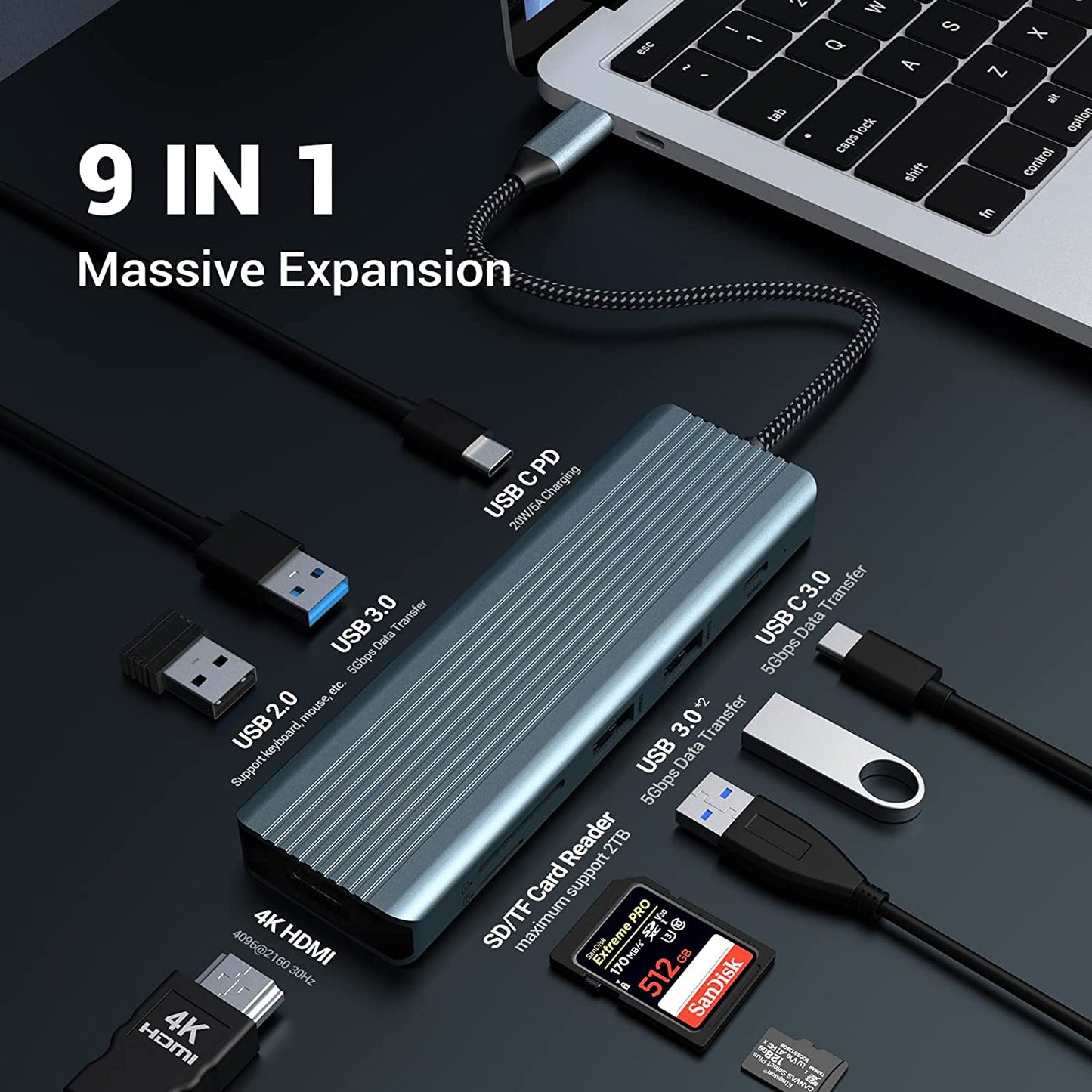 USB C Docking Station 9 in 1 Hub Adapter 4K HDMI USB 3.0 PD SD/TF Kartenleser MacBook Pro/Air, Surface
