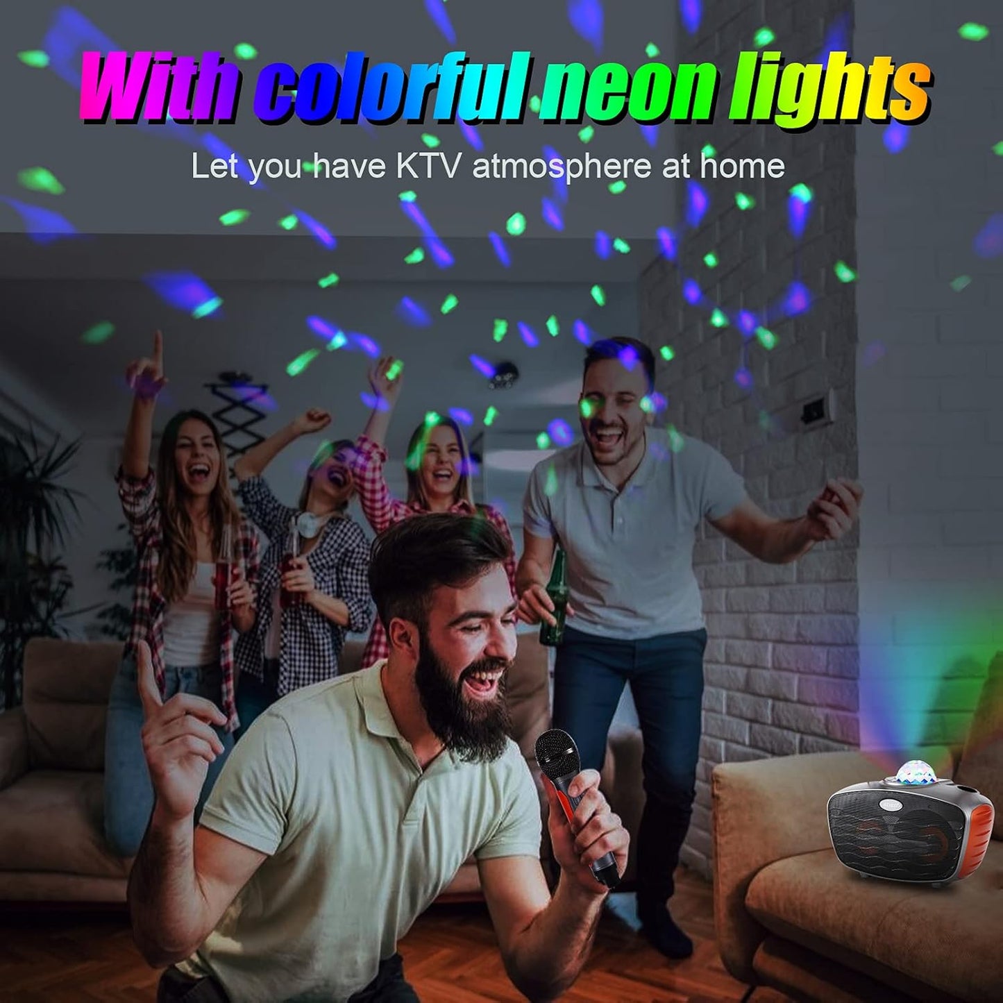 RUBEHOOW Karaoke Maschine mit 2 drahtlosen Mikrofonen und buntem Disco Lichteffekt