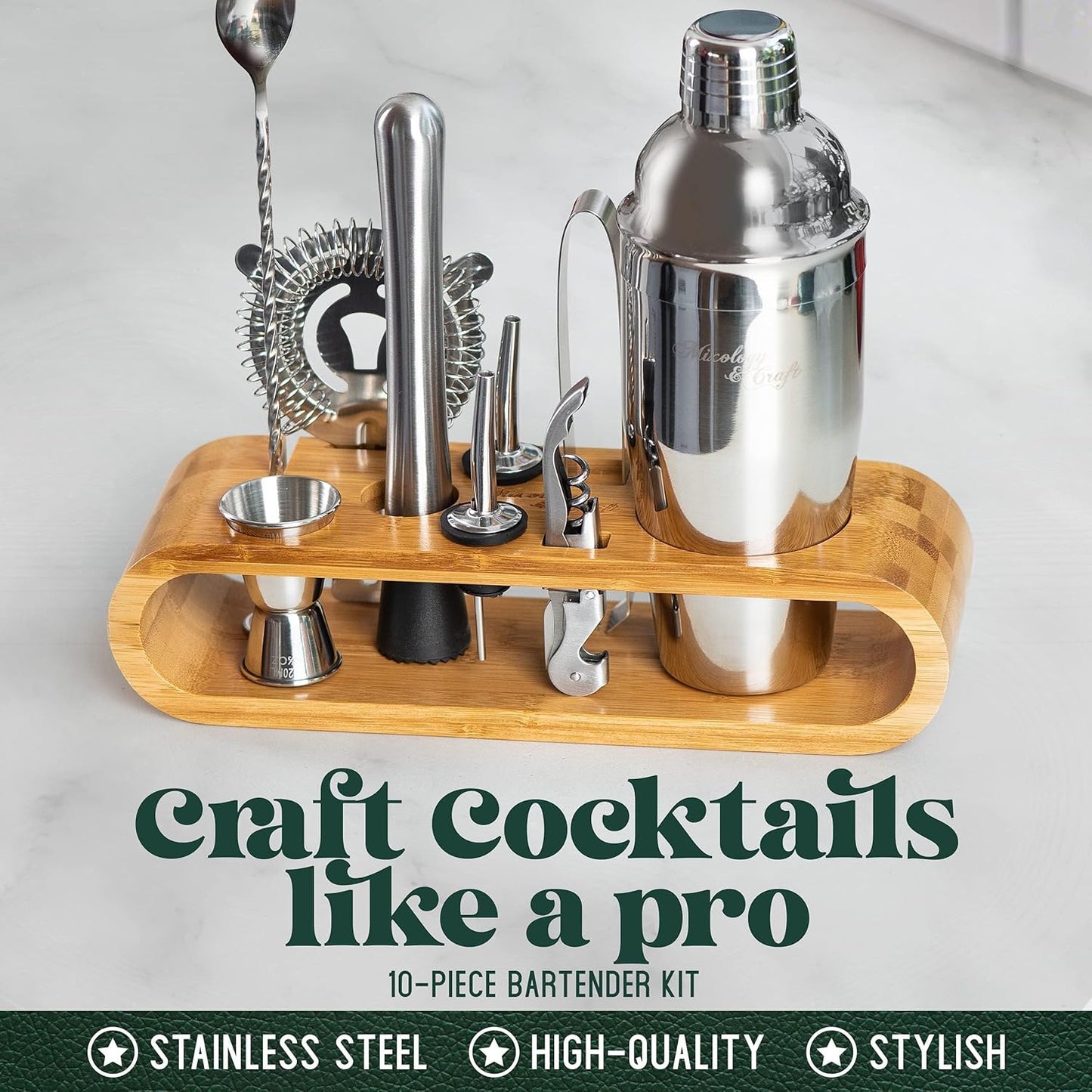 Mixology & Craft Cocktail Shaker Set - Edelstahl  & Holzständer (Bambus) - NEU in OVP
