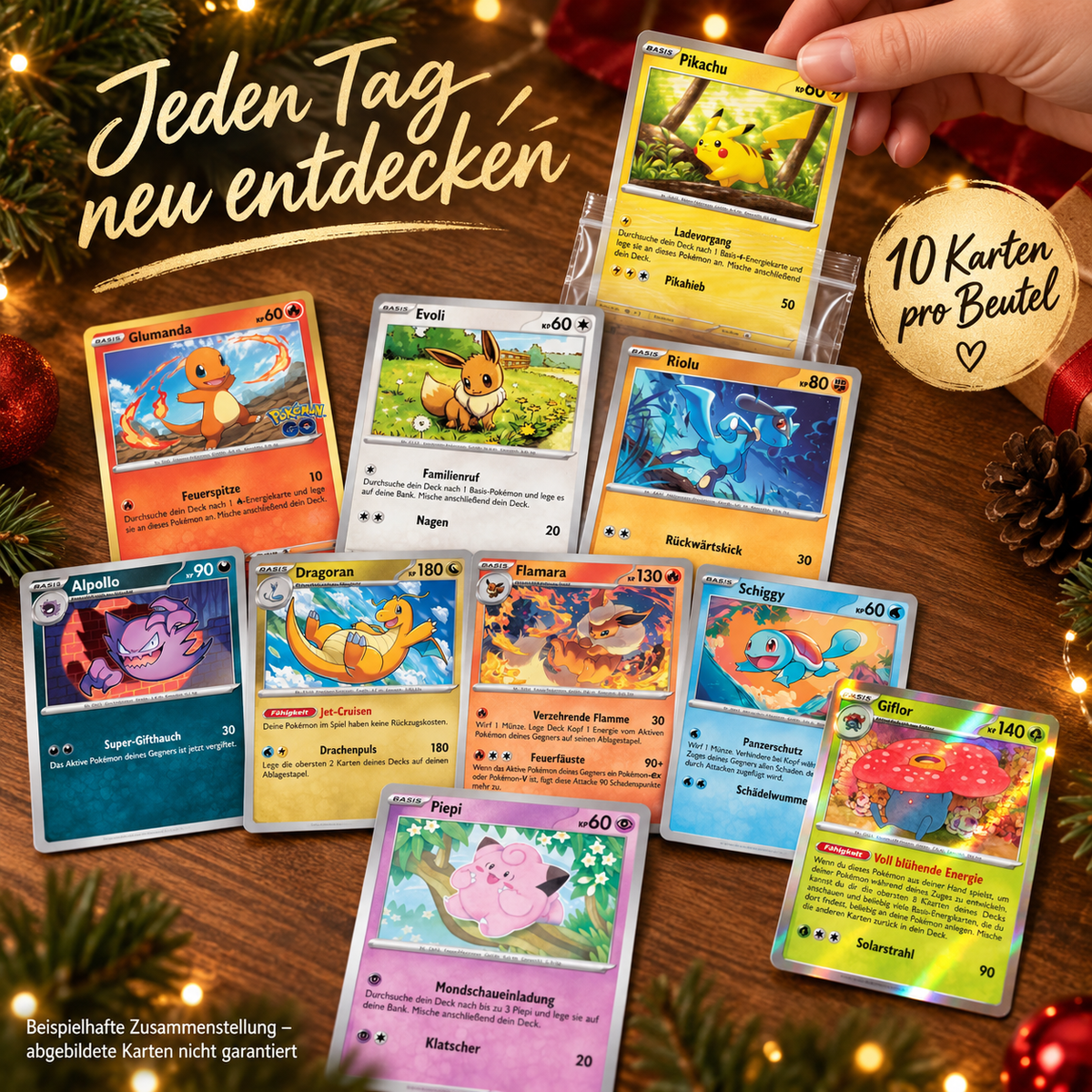 Pokémon Adventskalender-Füllung – 240 Original Pokemon Karten – 24x10 Karten mit Holo/Reverse-Holo - inkl. Poketon Visitenkarte