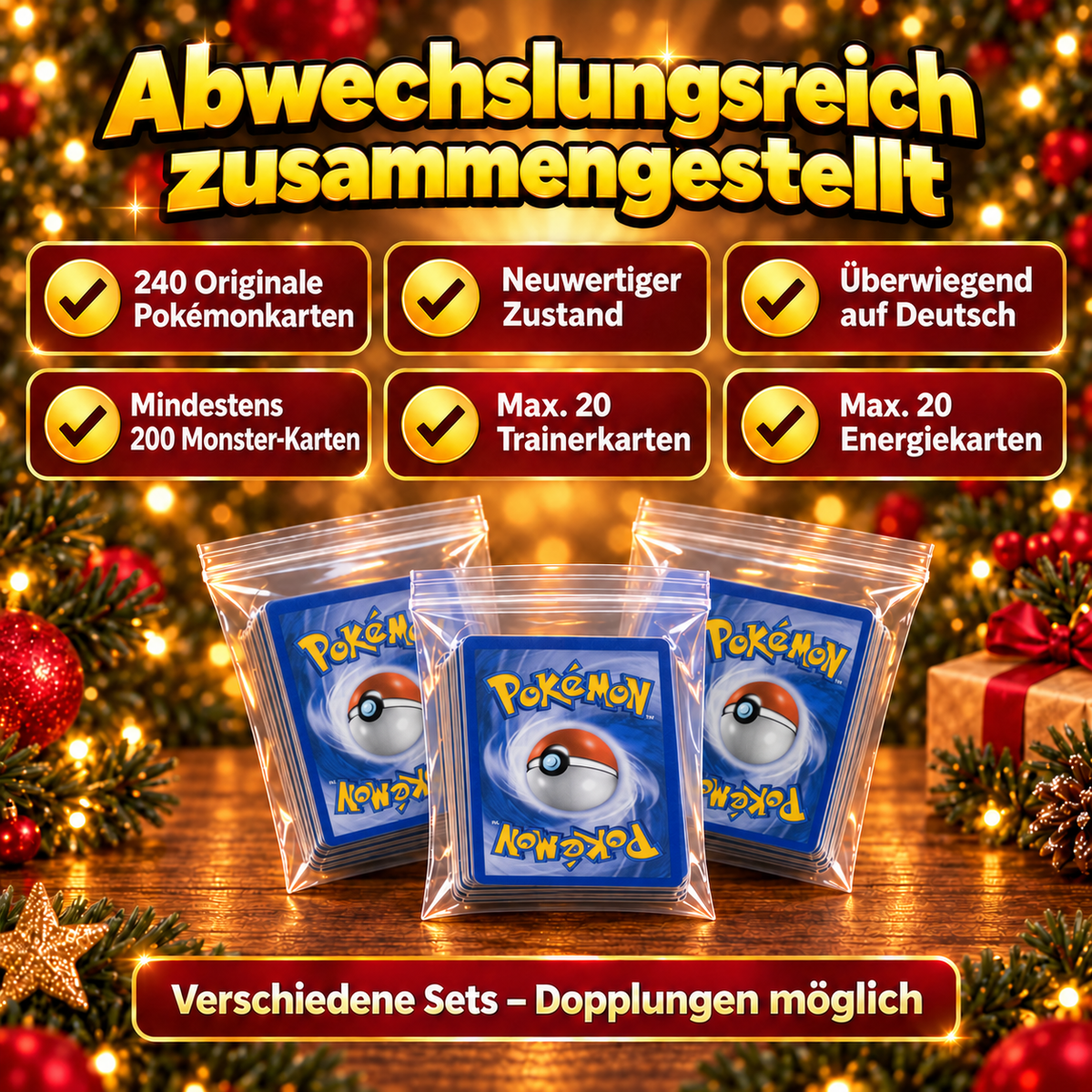 Pokémon Adventskalender-Füllung – 240 Original Pokemon Karten – 24x10 Karten mit Holo/Reverse-Holo - inkl. Poketon Visitenkarte
