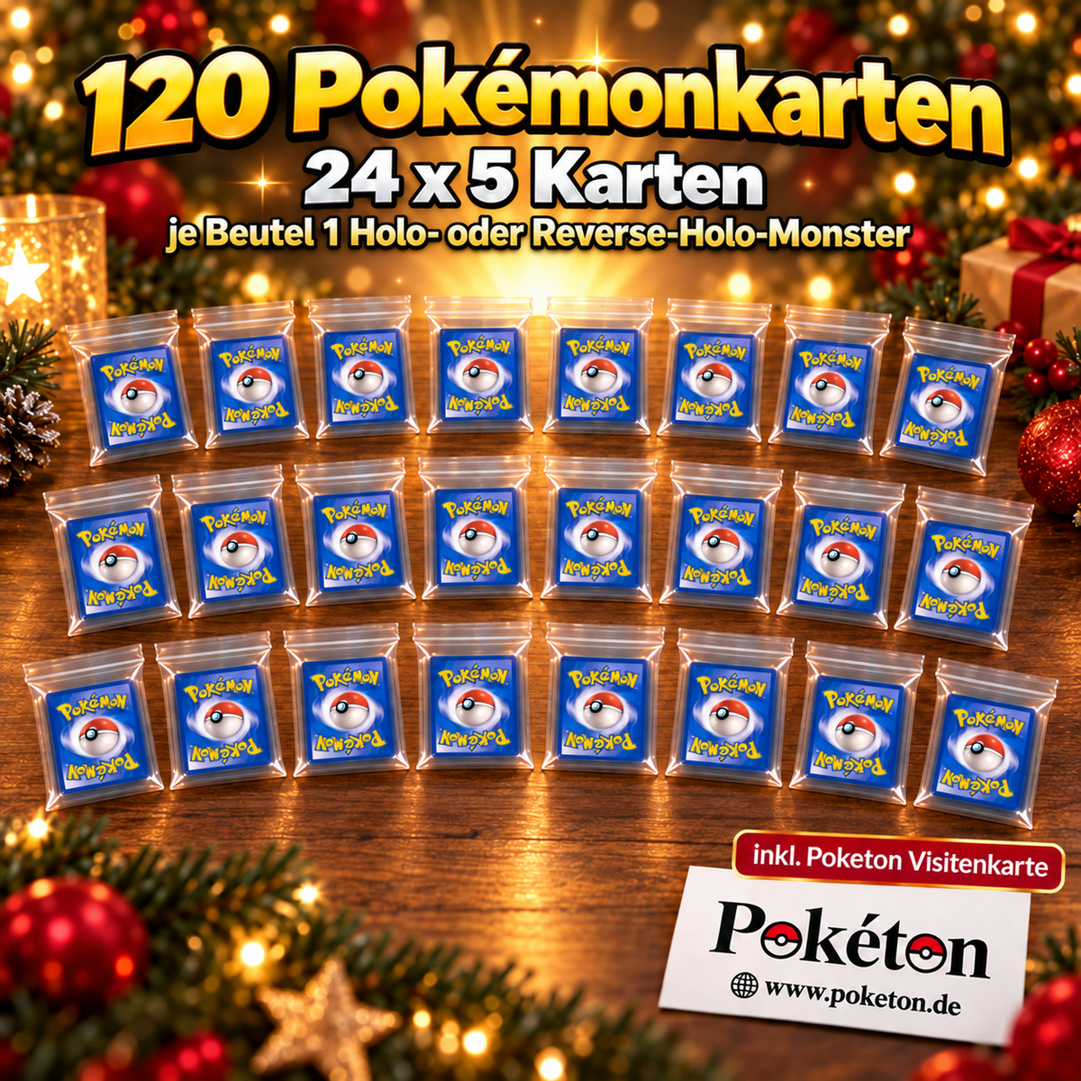 Pokémon Adventskalender-Füllung – 120 Original Pokemon Karten – 24x5 Karten mit Holo/Reverse-Holo - inkl. Poketon Visitenkarte