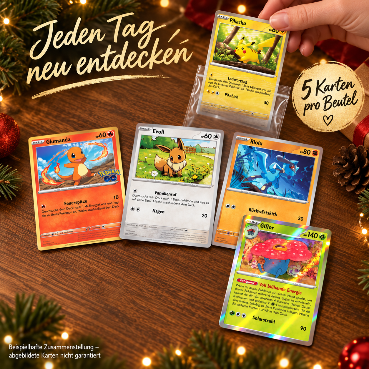 Pokémon Adventskalender-Füllung – 120 Original Pokemon Karten – 24x5 Karten mit Holo/Reverse-Holo - inkl. Poketon Visitenkarte